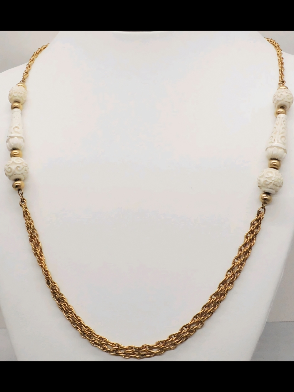Vintage 1970s Signed Crown Trifari Carved Faux-Ivory Sautoir Necklace